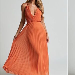 Elegant Orange Pleated Dress